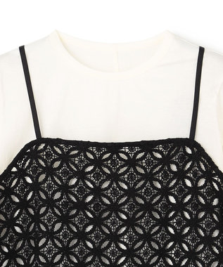 UNFILO L 【2点セット】ラッセルレース キャミレイヤード Tシャツ ブラック