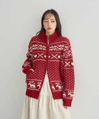 earth music&ecology ダブルzipノルディックカウチンニットカーディガン レッド
