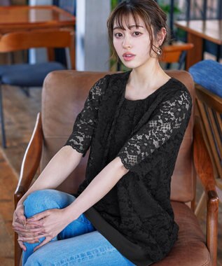 Tiaclasse 【洗える】スカラップレースチュニックブラウス ブラック