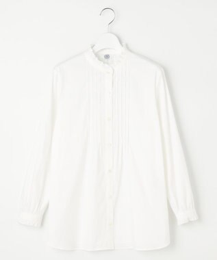J.PRESS LADIES 【洗える】BEZ C/Ny ドビーストライプ フリルネック ブラウス ホワイト系1