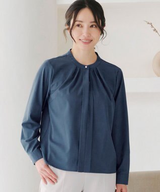 Tiaclasse L 【新色追加・洗える】バンドカラー2WAYタックブラウス ブルー