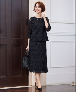 自由区 【XSサイズ～/洗える/セット可】フラワーコードレース ペプラムブラウス ネイビー系