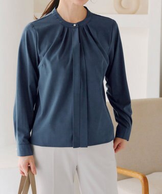 Tiaclasse L 【新色追加・洗える】バンドカラー2WAYタックブラウス ブルー