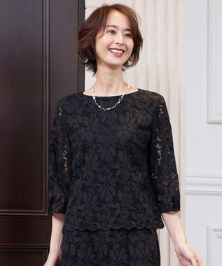 自由区 【XSサイズ～/洗える/セット可】フラワーコードレース ペプラムブラウス ネイビー系