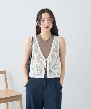 earth music&ecology フラワー刺繍メッシュベスト Off White