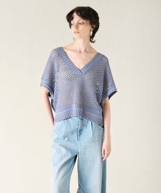 GRACE CONTINENTAL メッシュVネックニットトップ ブルー