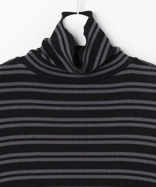 J.PRESS LADIES カシミヤシルク シアーリブ ボーダー タートル カットソー ブラックベース系