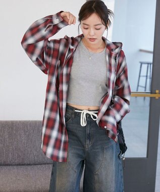 WEGO フードチェックBIGシャツ レッド