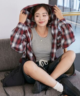 WEGO フードチェックBIGシャツ レッド