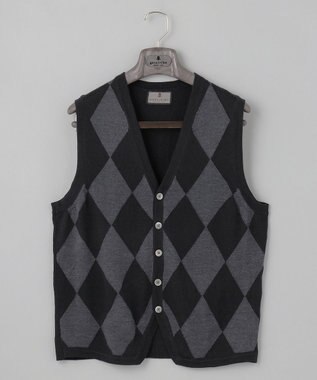 GOTAIRIKU 体温調整に【洗える/チクチクしにくい/ピリングしにくい】イタリア糸 ハイゲージ ベスト_WOOL100% ブラック×グレーアーガイル
