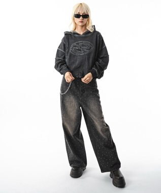 WEGO 【ユニセックス着用ITEM】スーパーバギーラインストーンデニムパンツ デニムブラックソノタ