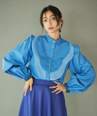 #Newans 【洗濯機可能】ウェイビービブデザインブラウス ブルー