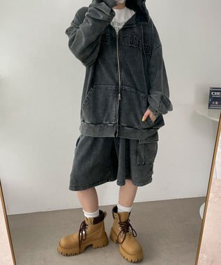 WEGO ロゴヴィンテージウォッシュジップパーカー スミクロ