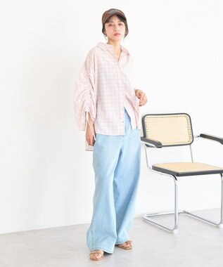 earth music&ecology シャーリングスリーブチェックシャツ Pink