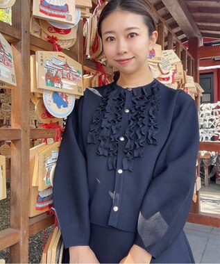 Feroux 【洗える】パフスリーブフリル ニットセットアップ ネイビー系