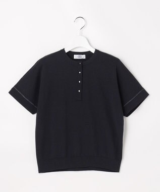 J.PRESS LADIES COOL MINT COTTON POLYESTER ヘンリーネック ニット プルオーバー ネイビー系