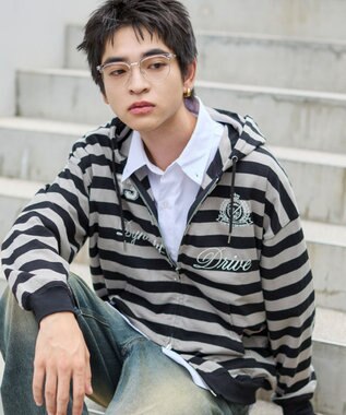 WEGO 【ユニセックスITEM/MLサイズ展開】ナンバリングカットZIPパーカー グレーボーダー