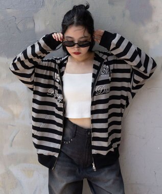 WEGO 【ユニセックスITEM/MLサイズ展開】ナンバリングカットZIPパーカー グレーボーダー