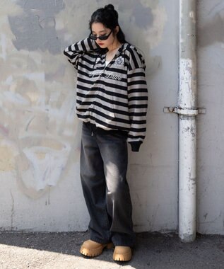 WEGO 【ユニセックスITEM/MLサイズ展開】ナンバリングカットZIPパーカー グレーボーダー