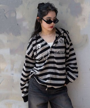 WEGO 【ユニセックスITEM/MLサイズ展開】ナンバリングカットZIPパーカー グレーボーダー