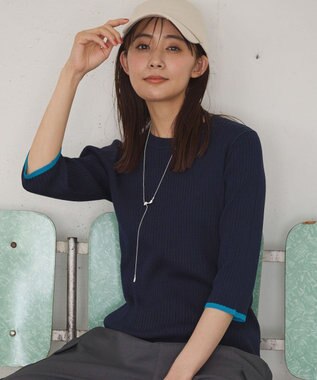 Green Parks ＢＰ　袖口カラーリブ７分袖ニットプルオーバー Dark Navy