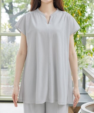Tiaclasse L 【冷凛(ひやりん)カノコ】スキッパー襟フレンチスリーブチュニック グレー
