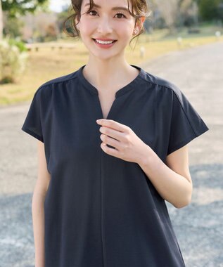 Tiaclasse L 【冷凛(ひやりん)カノコ】スキッパー襟フレンチスリーブチュニック ネイビー