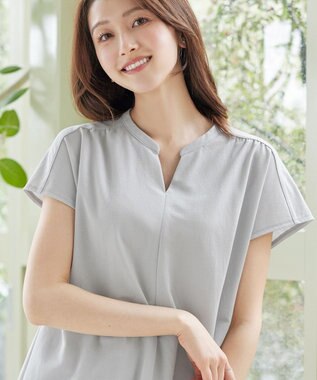 Tiaclasse L 【冷凛(ひやりん)カノコ】スキッパー襟フレンチスリーブチュニック グレー