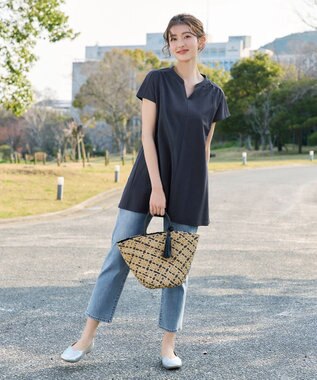 Tiaclasse L 【冷凛(ひやりん)カノコ】スキッパー襟フレンチスリーブチュニック ネイビー