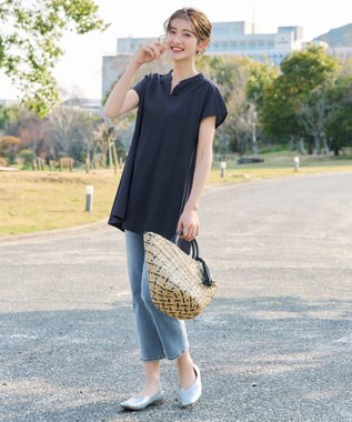 Tiaclasse L 【冷凛(ひやりん)カノコ】スキッパー襟フレンチスリーブチュニック ネイビー