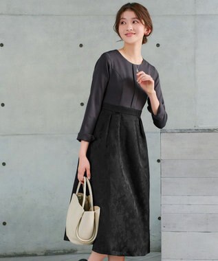 Tiaclasse フラワージャガードドッキングワンピース チャコールグレー×ブラック