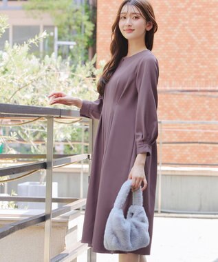 Tiaclasse 【洗える】ビジュー付きフロント切替タックワンピース プラム