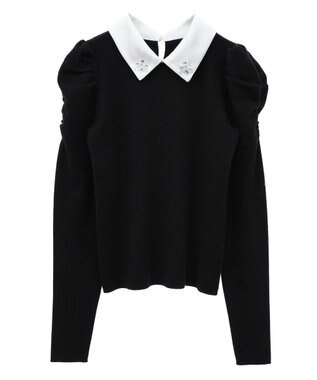 earth music&ecology 襟ビジュー付きニットプルオーバー Black