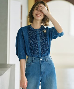 組曲 S 【WEB限定】フロントフリル デニムブラウス ユーズドブルー系