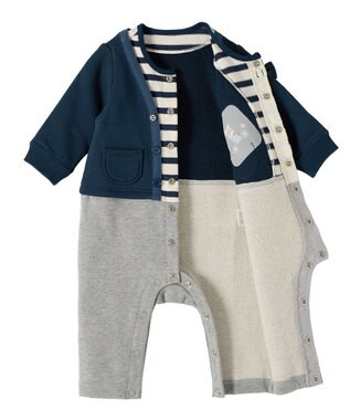 MIKI HOUSE HOT BISCUITS 【70-80cm】カーディガン重ね着風 カバーオール 紺