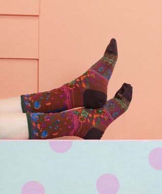 COQ antigua flower ラメ花柄ソックス ブラウン