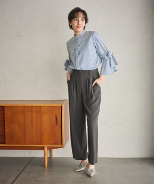 #Newans 【洗濯機可能/シワになりにくい】リボンカフスブラウス ネイビーストライプ