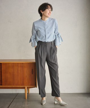 #Newans 【洗濯機可能/シワになりにくい】リボンカフスブラウス ネイビーストライプ