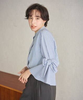 #Newans 【洗濯機可能/シワになりにくい】リボンカフスブラウス ネイビーストライプ
