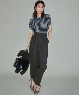 23区 L 【新色追加/VERY5月号掲載】レーヨンポリエステルストレッチ プルオーバー ニット カーキ×ブラックボーダー