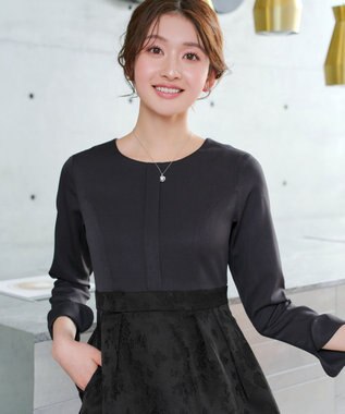 Tiaclasse フラワージャガードドッキングワンピース チャコールグレー×ブラック