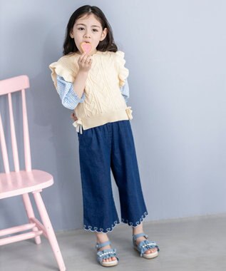 ANY KIDS 袖ギンガム 七分袖 Tシャツ オフホワイト×ブルーギンガム