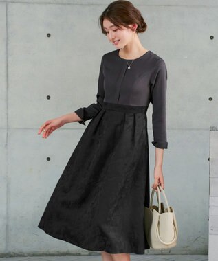 Tiaclasse フラワージャガードドッキングワンピース チャコールグレー×ブラック