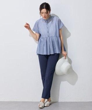 ANY L 半袖ティアードブラウス ネイビー×ストライプ