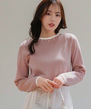 Tiaclasse 【洗える】襟パール配色ニットトップス