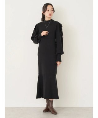 earth music&ecology 袖シアーフリルニットワンピース Black