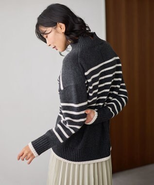 ANY ラムウールボトルネックプルオーバー チャコール×エクリュ