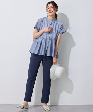 ANY L 半袖ティアードブラウス ネイビー×ストライプ