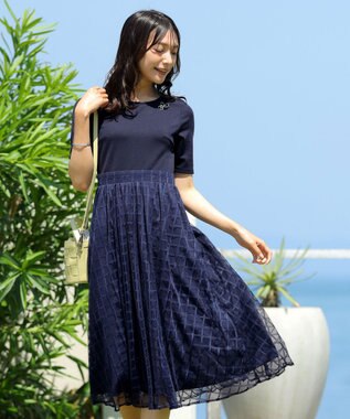 Tiaclasse 【洗える】異素材ドッキングワンピース ネイビー