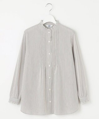 J.PRESS LADIES 【洗える】BEZ C/Ny ドビーストライプ フリルネック ブラウス グレー系1